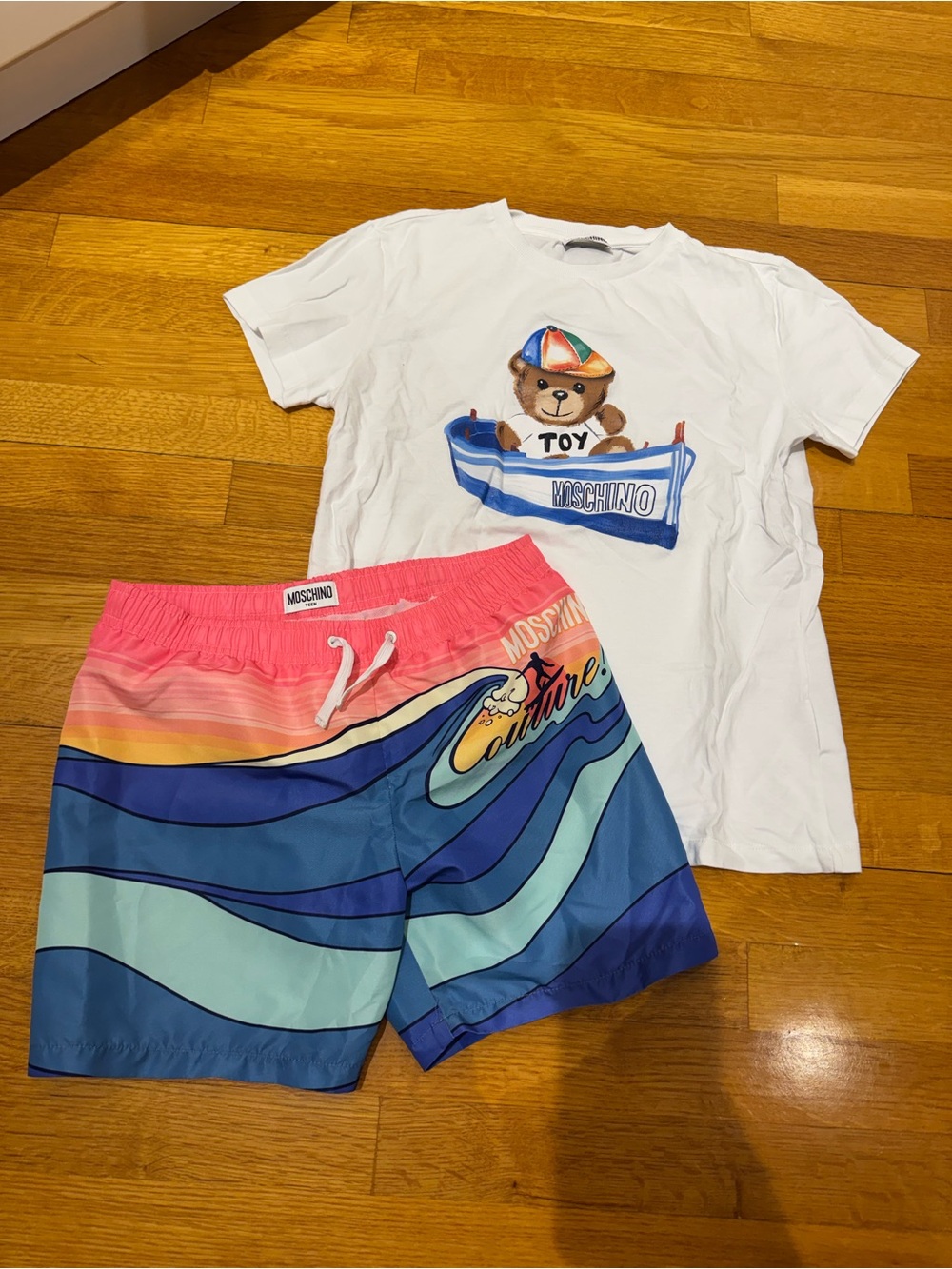 Moschino Kids' White Teddy Tee & Multicolor Wave Swim Shorts size 12